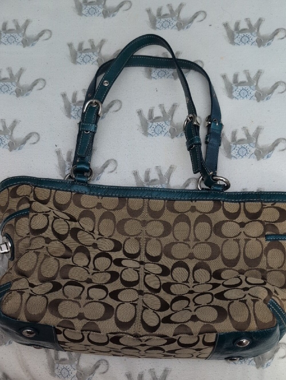 Vintage Y2k Coach Brown Signature Shoulder Bag with Teal Trim - Picture 2 of 10